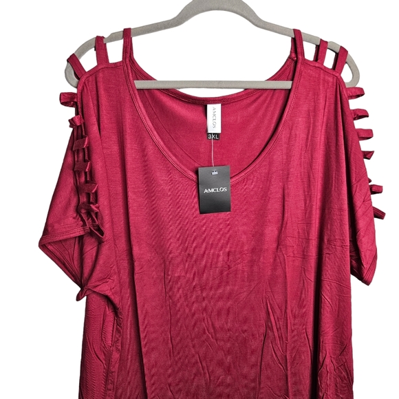 Amclos Women's Dark Red Scoop Neck Slashed Sleeve T-Shirt Top NWT Size 3XL - Picture 2 of 11